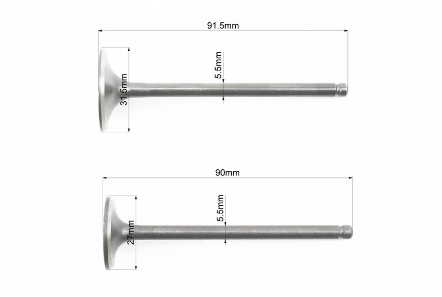 Клапана випускний (h-91,5; d-27), впускний (h-90,0; d-31,5) к-кт 2шт CB-150/200cc 321365 фото