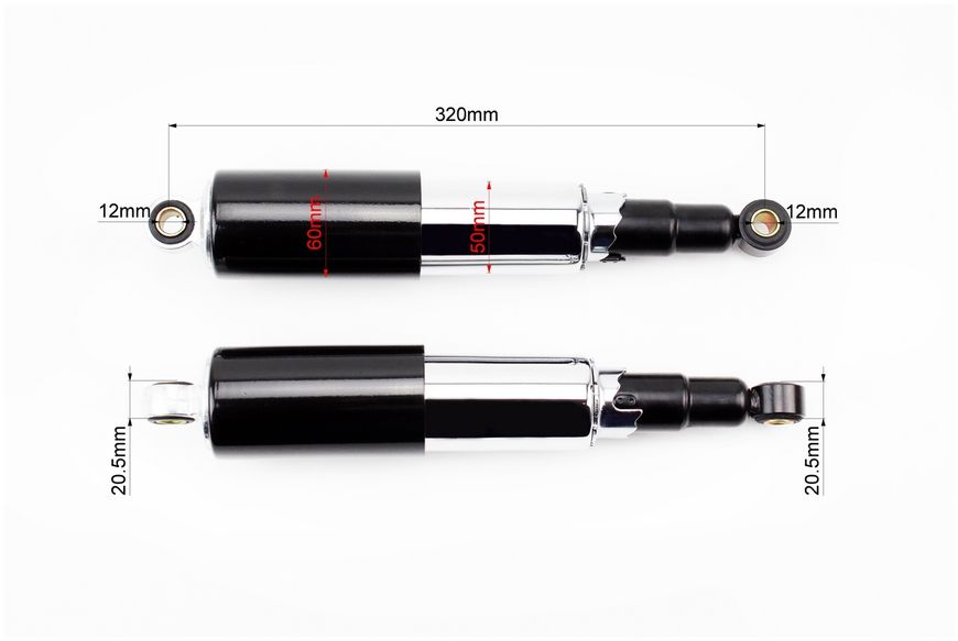 Амортизатор задній 320mm * d60mm (втулка 12mm / втулка 12mm) закритий регулир., чорний к-кт 2шт 343194 фото